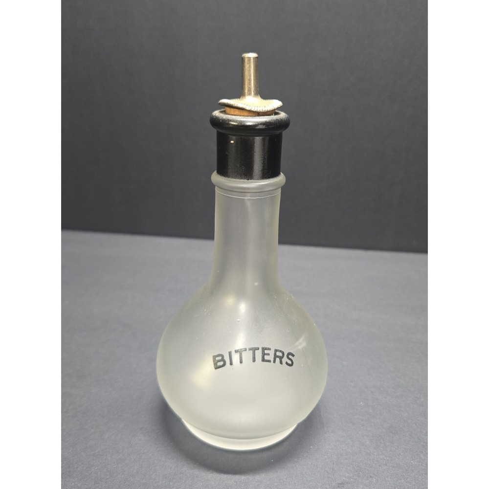 Vintage Hazel Atlas‎ Frosted Glass Bitters Bottle Bar Dispenser Metal Pour Spout